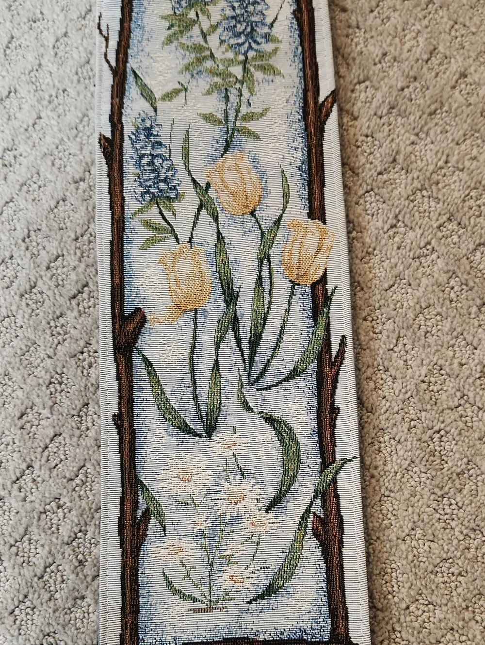Floral Winter Garden Tapestry Wall Hanging - Blue and Cream Flowers